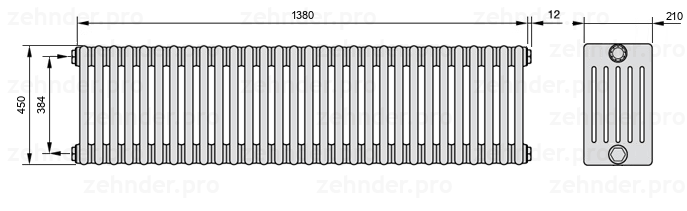Схема (чертеж) Радиатор Zehnder Charleston 6045/30 №1270 Белый глянцевый RAL 9016